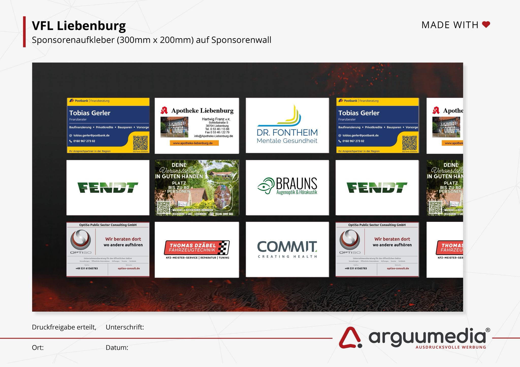 OptiSo Bandenwerbung auf dem Sponsorenwall des VFL Liebenburg – Sponsorenaufkleber 300x200mm
